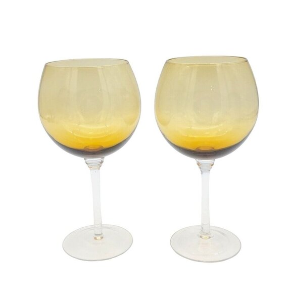 Pair of Amber Gold Blown Glass Balloon Wine Glasses‎ Clear Stems 8" Beautiful 2x - Picture 1 of 8